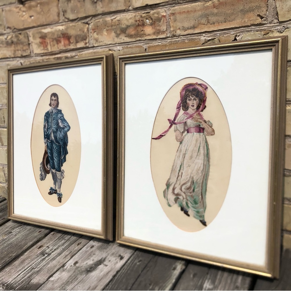 Vtg Petit Point Victorian Couple Framed Fibre Art
